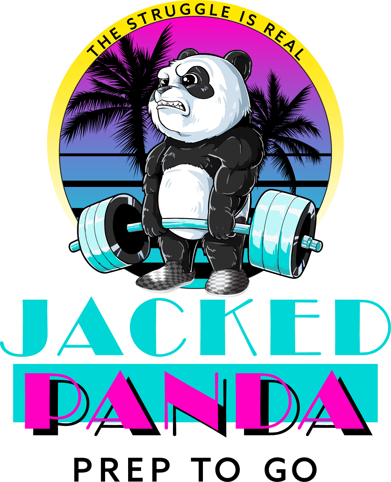 Cartoon panda lifting dumbbells with “JACKED PANDA” text and sunset palm-tree background