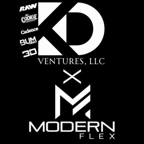 Black-and-white logo collage for KD Ventures, LLC and Modern Flex with stylized text and symbols