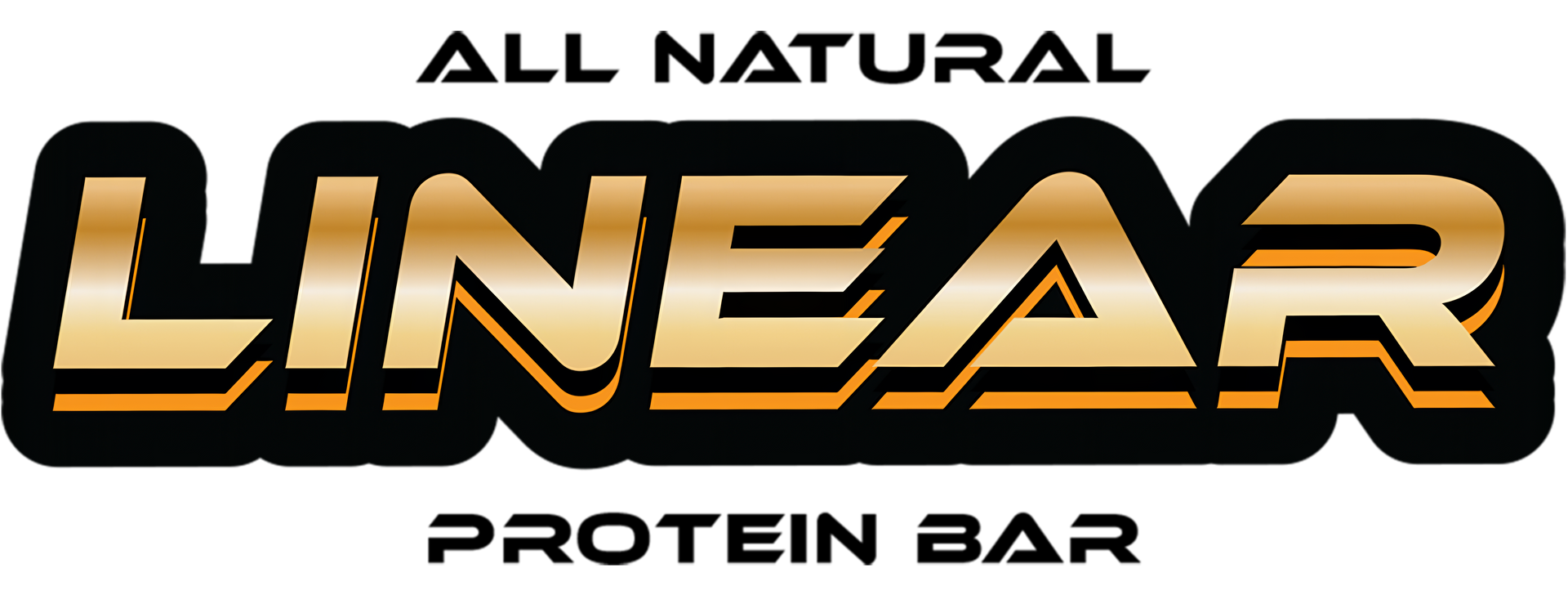ALL NATURAL LINEAR protein bar logo in black and gold with white background