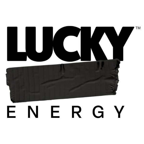 Lucky Energy logo with bold black text and a black brushstroke banner underneath