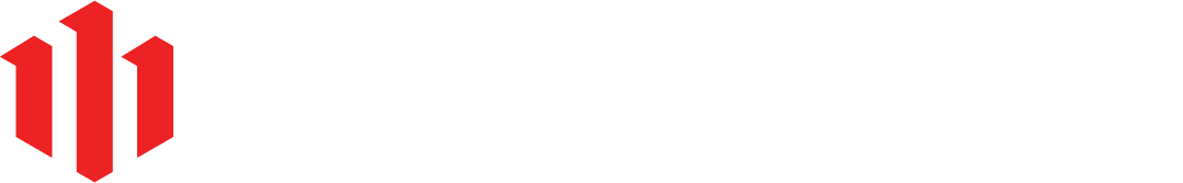 A red and white logo on a white background.