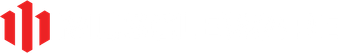 A red and white logo on a white background.