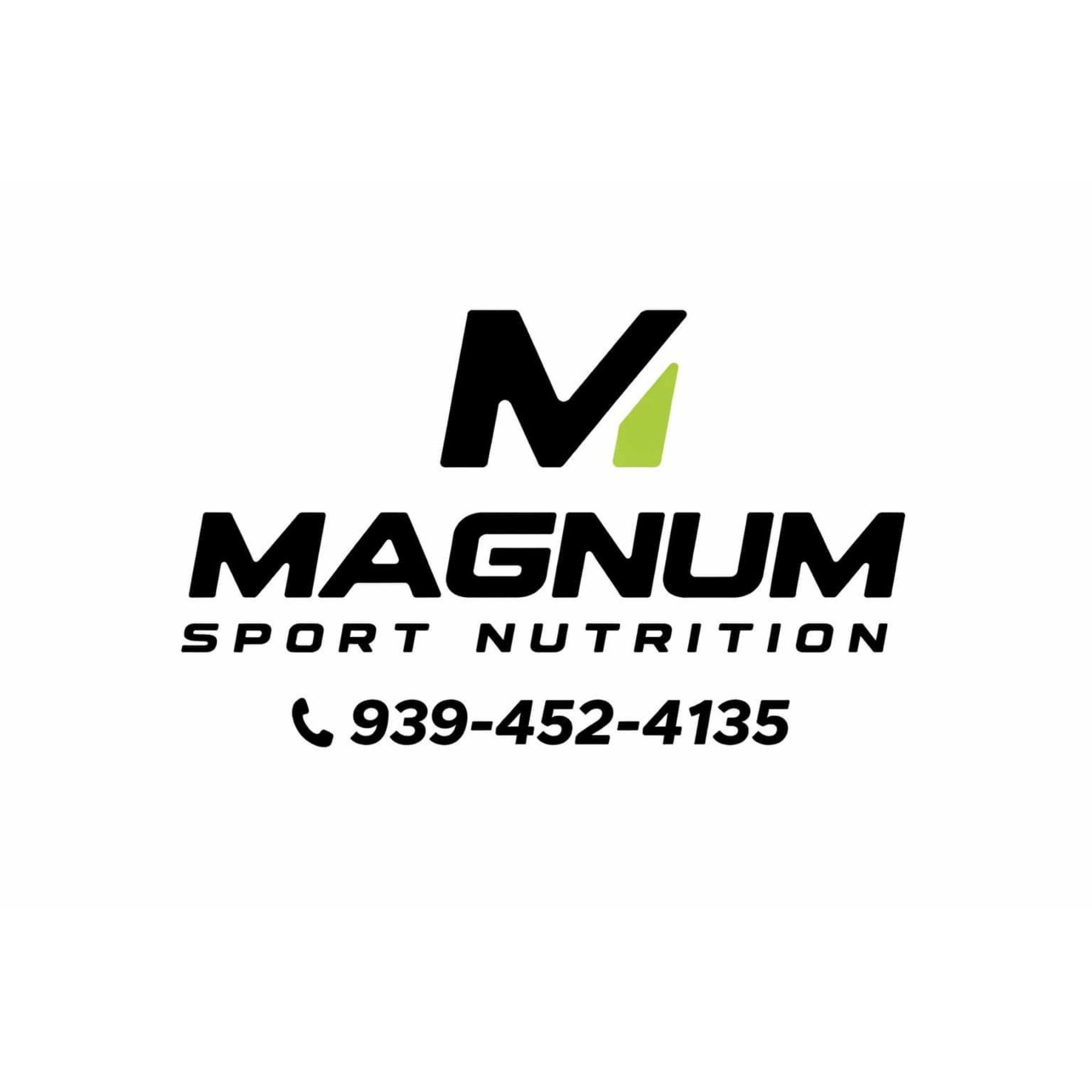 Magnum Sport Nutrition logo with phone number 939-452-4135 in black and green on white background