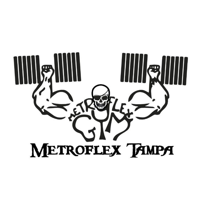 Metroflex Tampa logo with a flexing bodybuilder between two dumbbells and barbell plates above the text