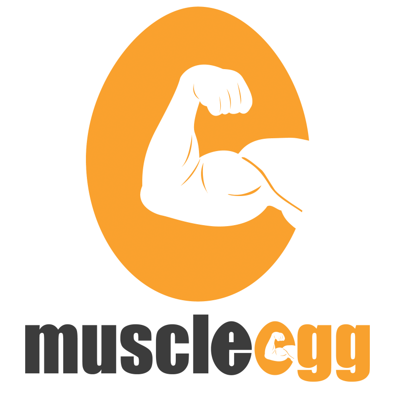 MuscleEgg logo with orange egg shape and flexed white arm above the word “muscleegg”