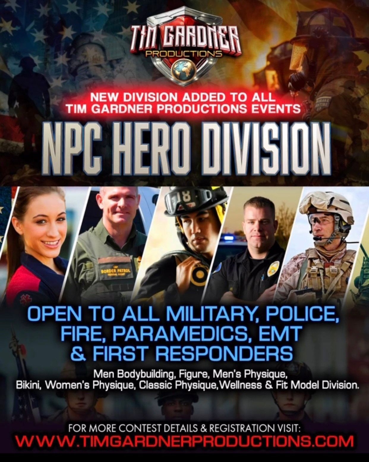 Tim Gardner event poster for NPC Hero Division, with heroes and military responders on a red-orange background