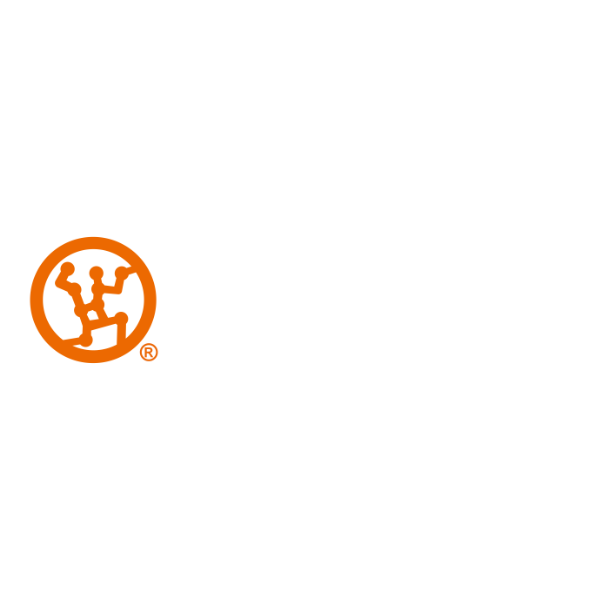 An orange logo with a frog in a circle on a white background.