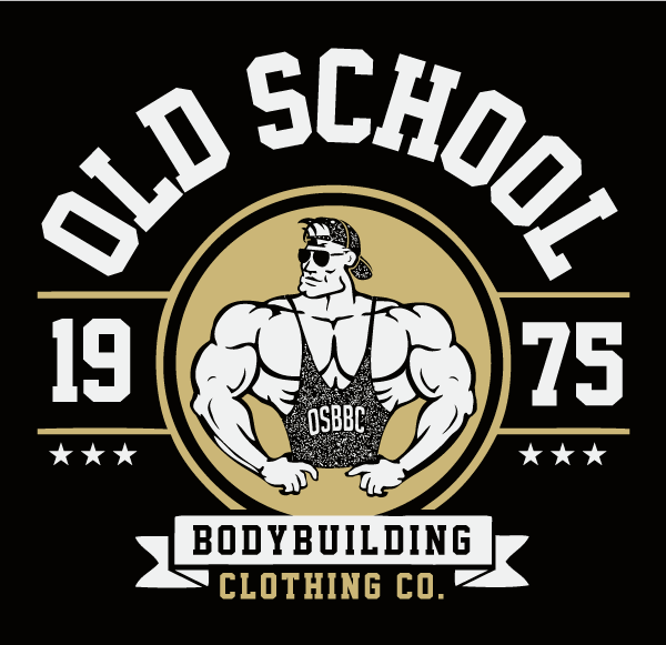 Old School Bodybuilding Clothing Co. logo with a muscular figure, gold circle, and “1975” text
