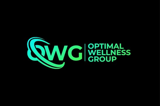 QWG Optimal Wellness Group logo in teal and green on a black background