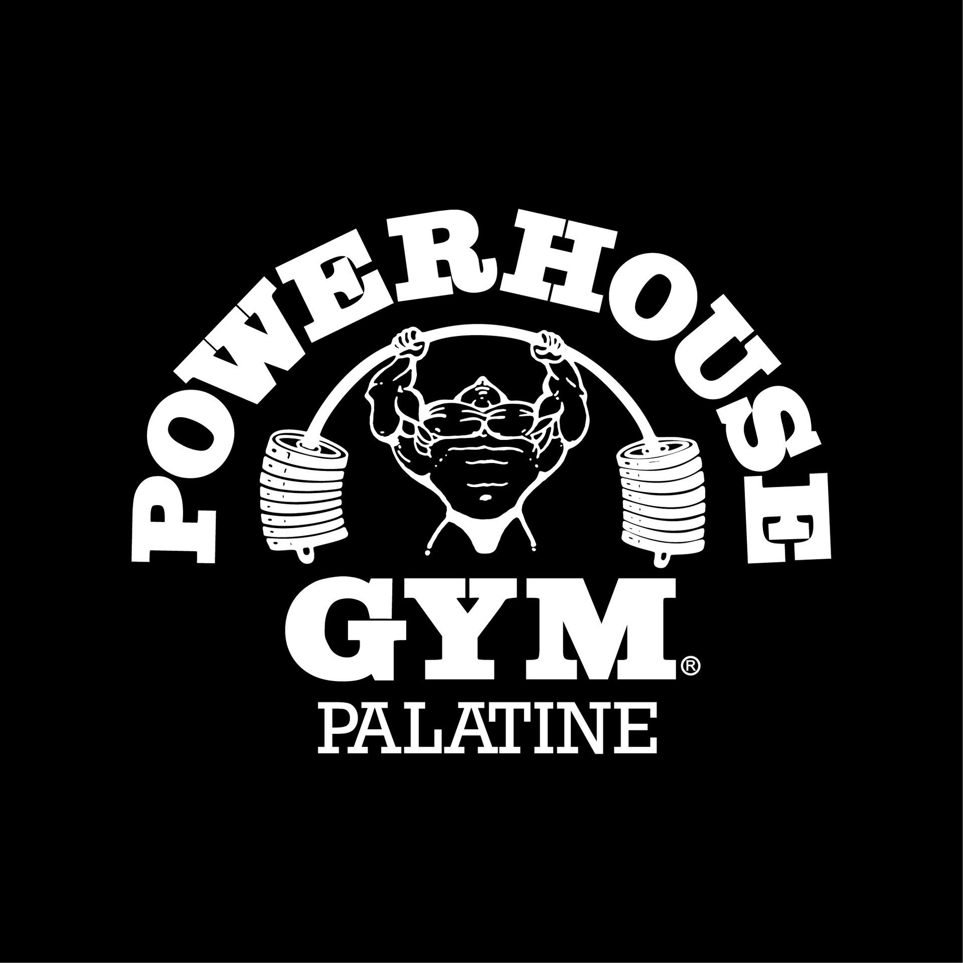 Powerhouse Gym Palatine logo in white on black, with a flexing figure and barbell plates