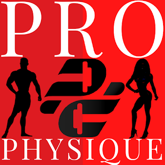 Red PRO Physique logo with black bodybuilder silhouettes and a central dumbbell icon.
