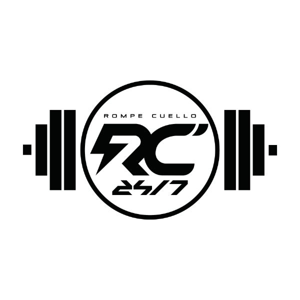 Black-and-white ROMPE CUELLO RC 24/7 logo with dumbbell bars on both sides