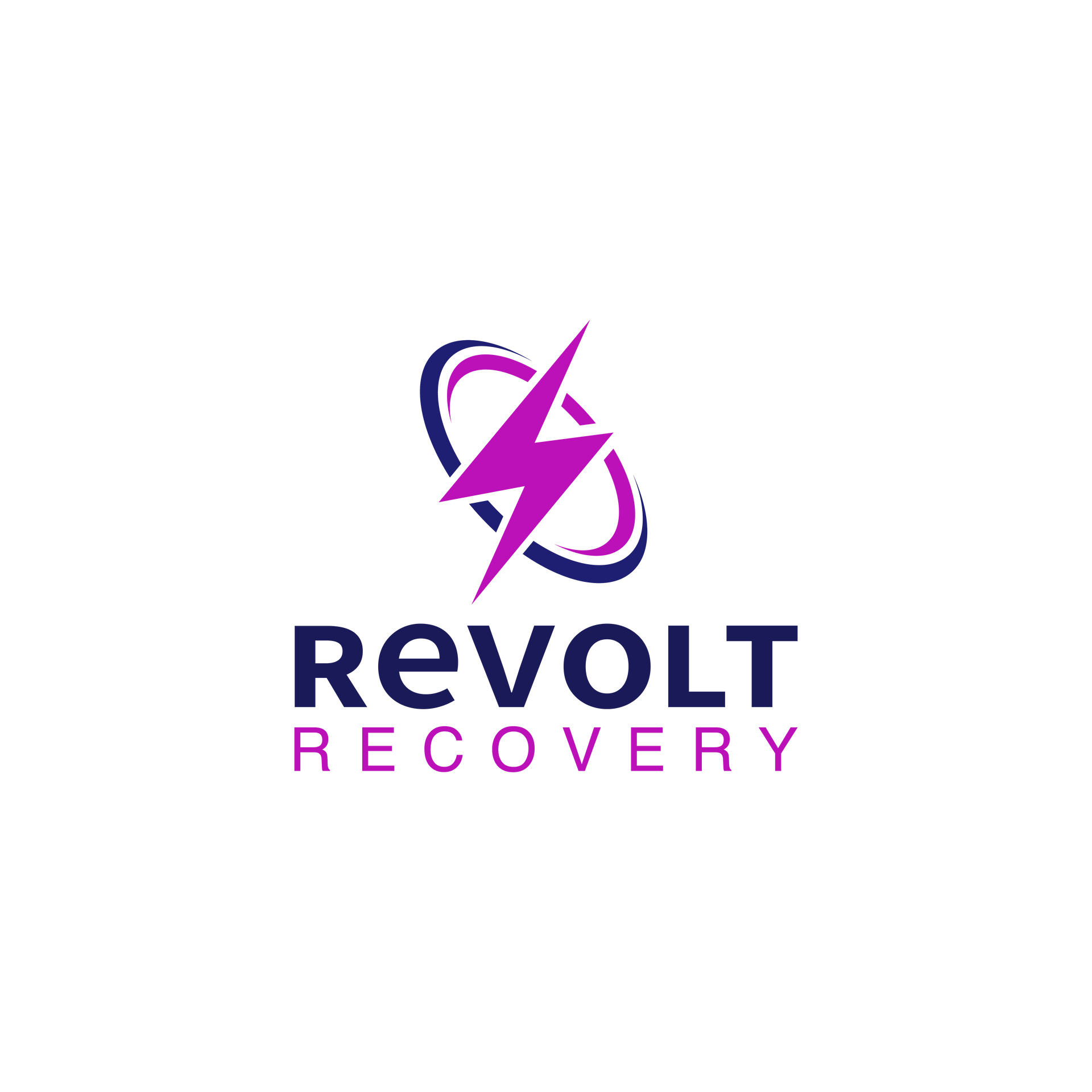 Revolt Recovery logo with purple lightning bolt and orbit graphic on white background