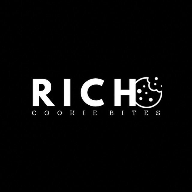 Black logo reading “RICH COOKIE BITES” with a stylized cookie icon on a dark background