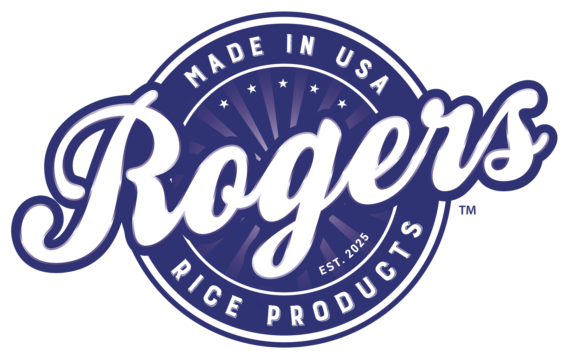 Rogers Rice Products logo in white and blue, with circular emblem and “Made in USA” text