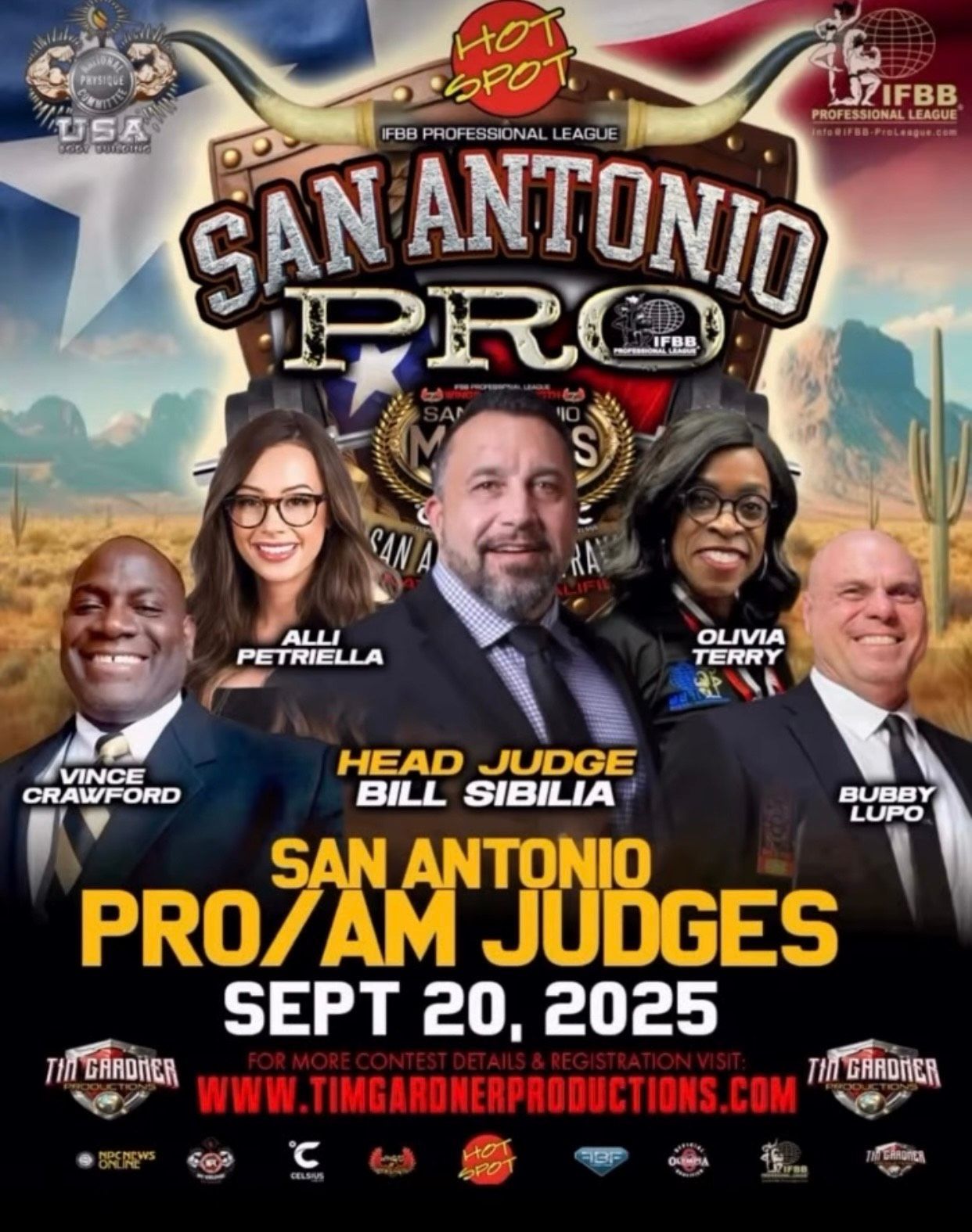 San Antonio Pro/Am judges poster with five judges, bold title, and date Sept. 20, 2025.