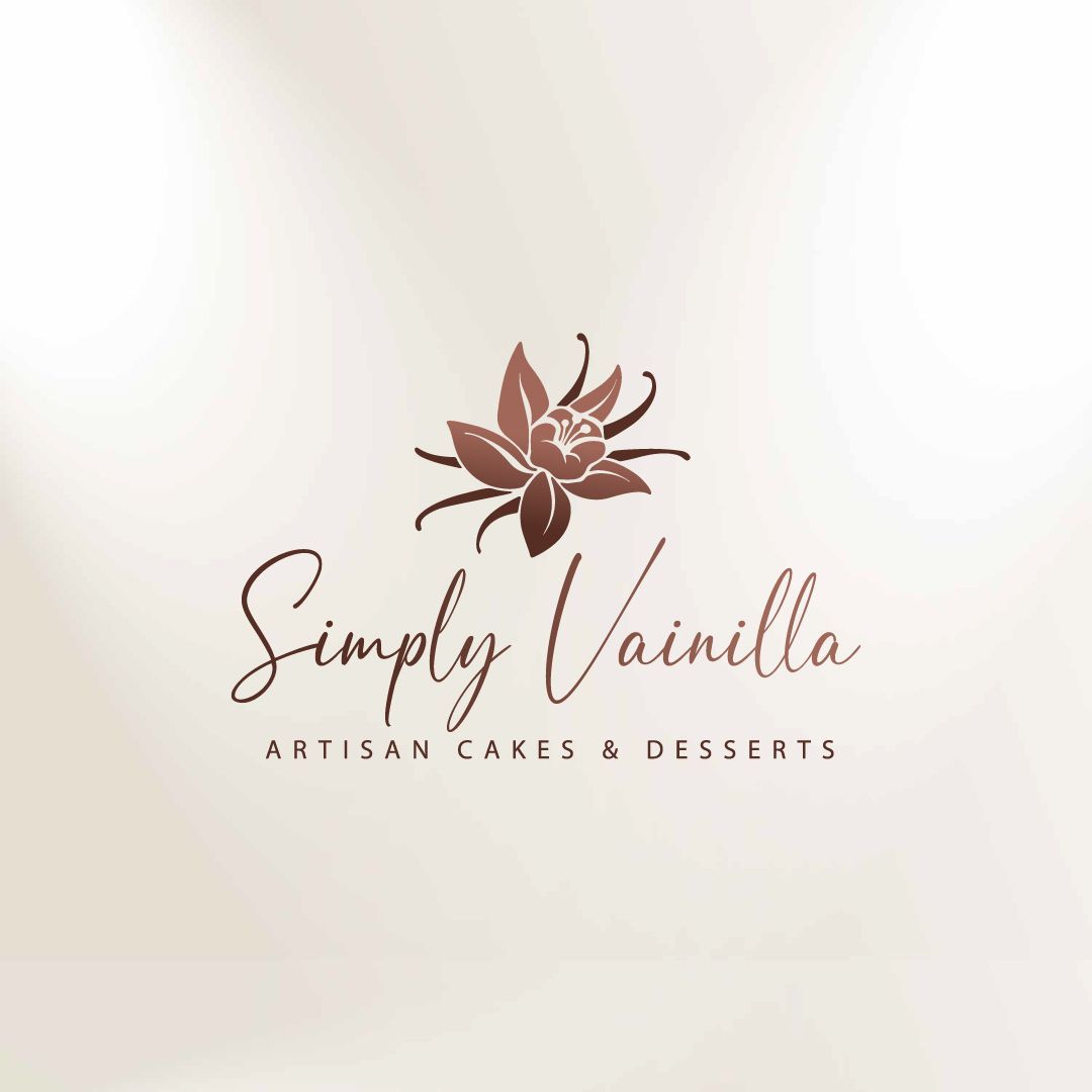 Simply Vanilla artisan cakes and desserts logo with a brown floral emblem on a soft cream background
