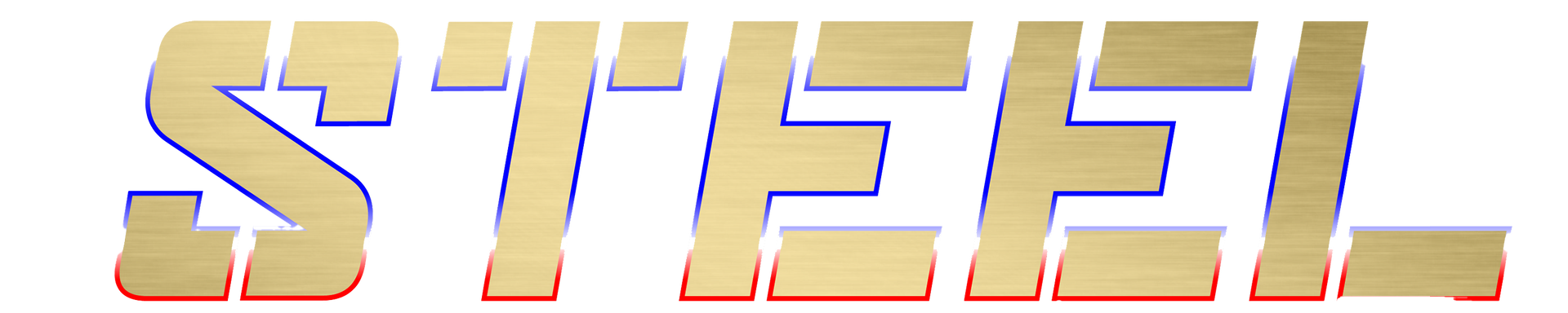 Stylized gold STEEL text with a metallic effect on a white background