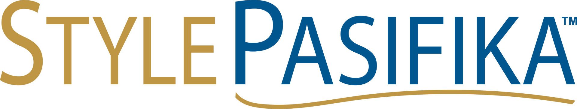 Style Pasifika logo in gold and blue with stylized text and wave-like accent