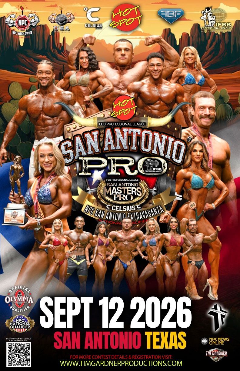 Chicago Pro bodybuilding event poster in Chicago, July 18-19, 2025, with athlete collage and sponsors