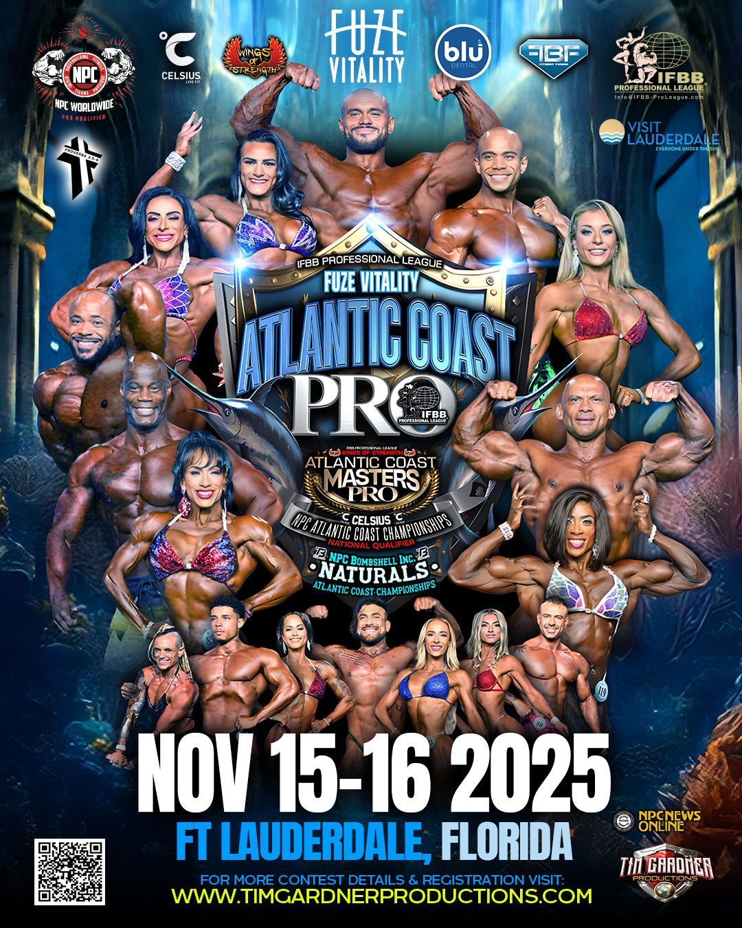Atlantic Coast Pro bodybuilding event poster, Nov 15-16 2025, Fort Lauderdale, Florida, with athletes and logos.