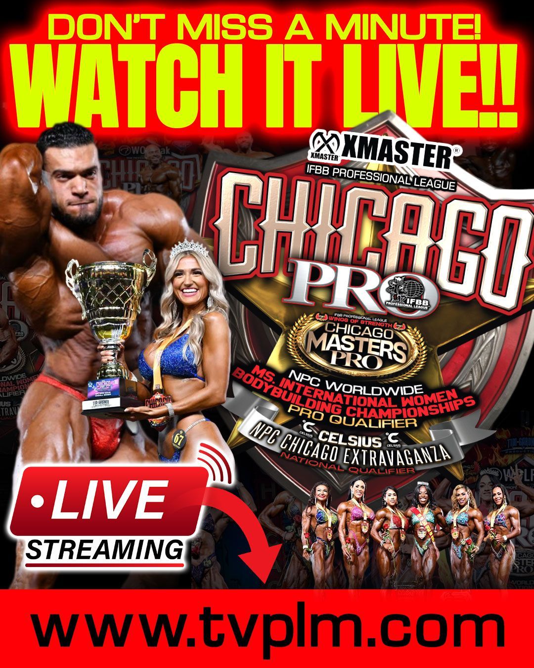 Promo poster for Xtreme Masters Chicago Pro live stream, featuring wrestlers, trophy, and TVPLM website URL