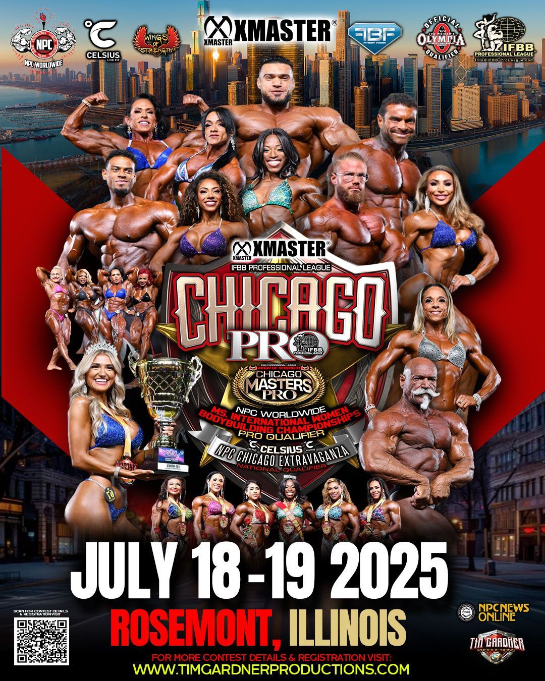 Chicago Pro bodybuilding event poster in Chicago, July 18-19, 2025, with athlete collage and sponsors