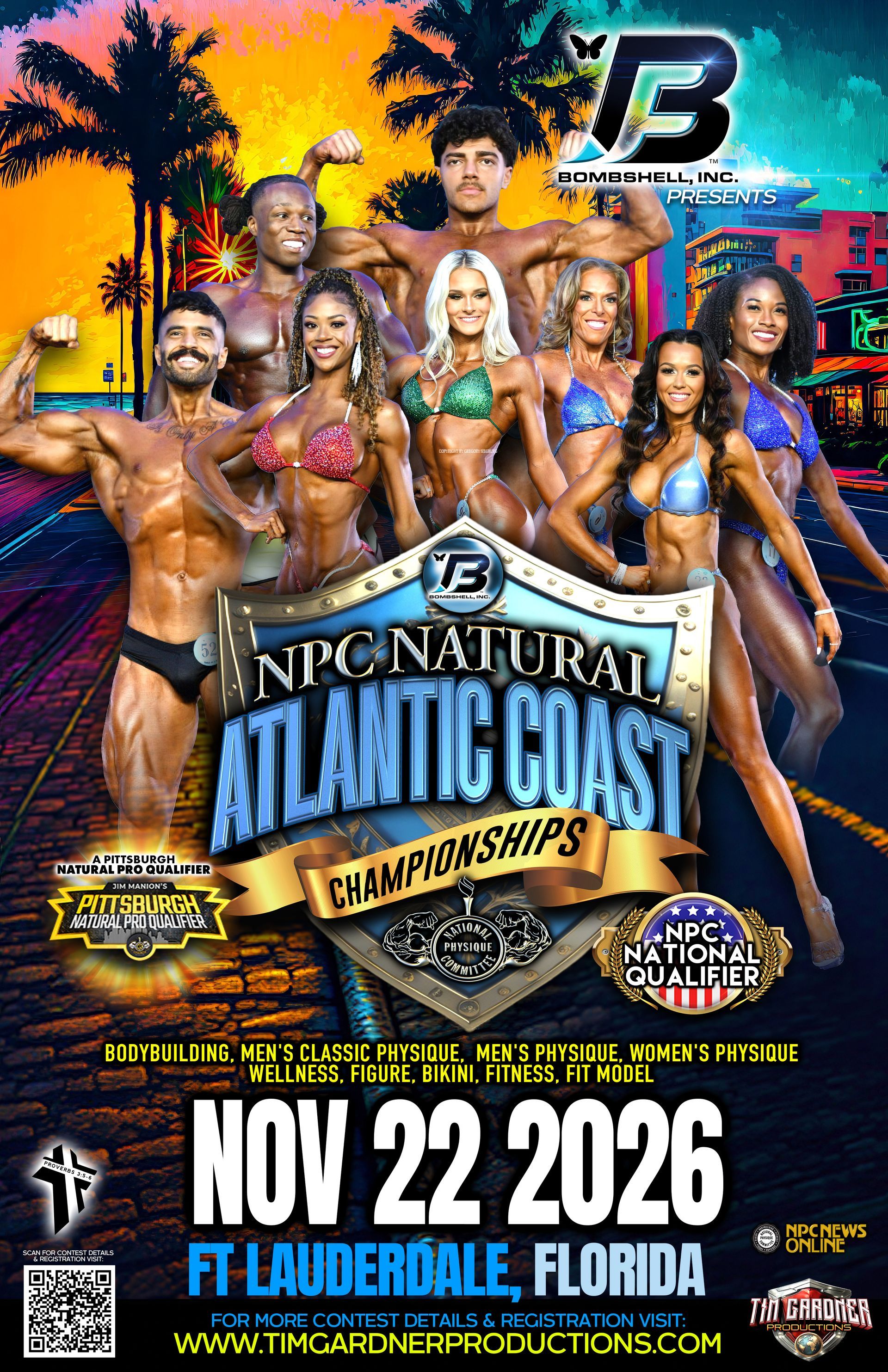 Event poster for “Natrual Atlantic Coast” in Miami Beach, November 22, 2026, with bodybuilders and bright neon graphics
