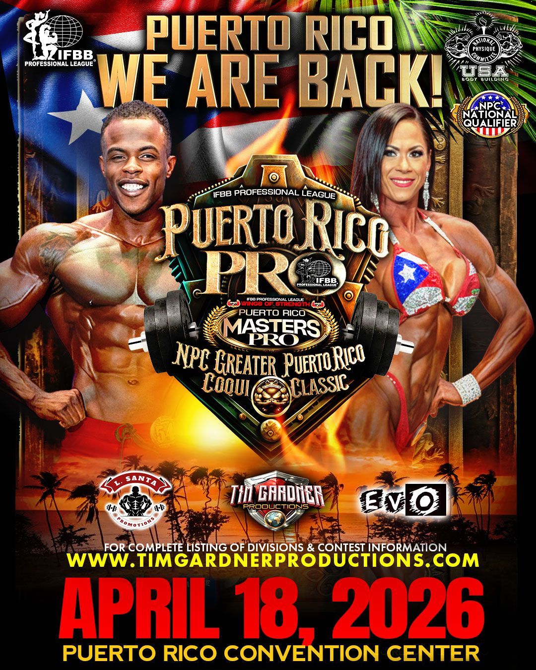 Chicago Pro bodybuilding event poster in Chicago, July 18-19, 2025, with athlete collage and sponsors
