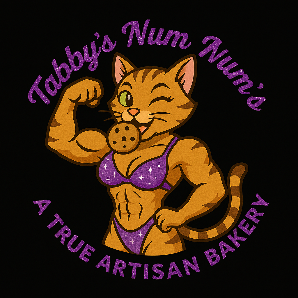 Logo for Tabby’s Num Nums: flexing orange cat in a purple bikini with a cookie, “Protein Treats With a Bite” text