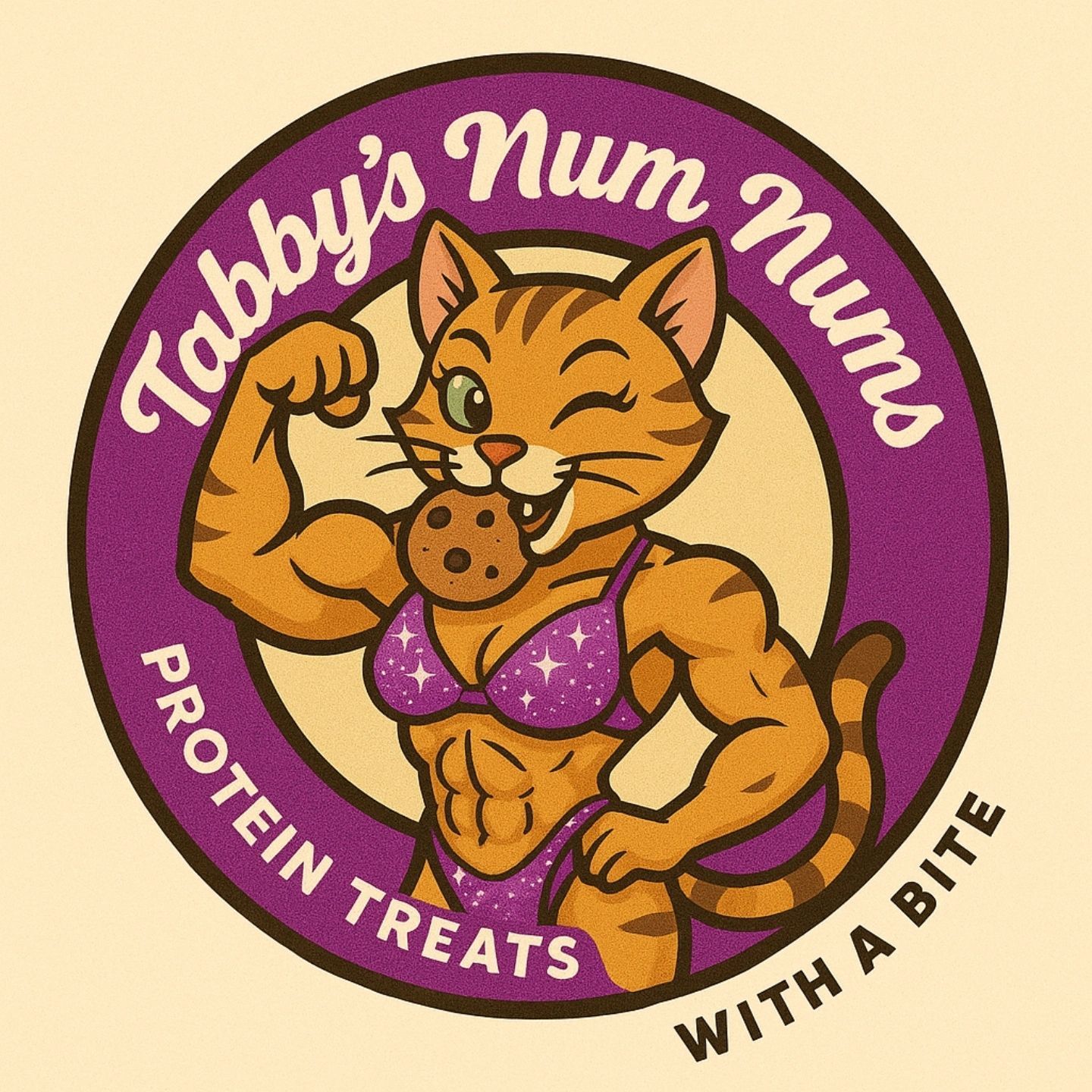 Logo for Tabby’s Num Nums: flexing orange cat in a purple bikini with a cookie, “Protein Treats With a Bite” text