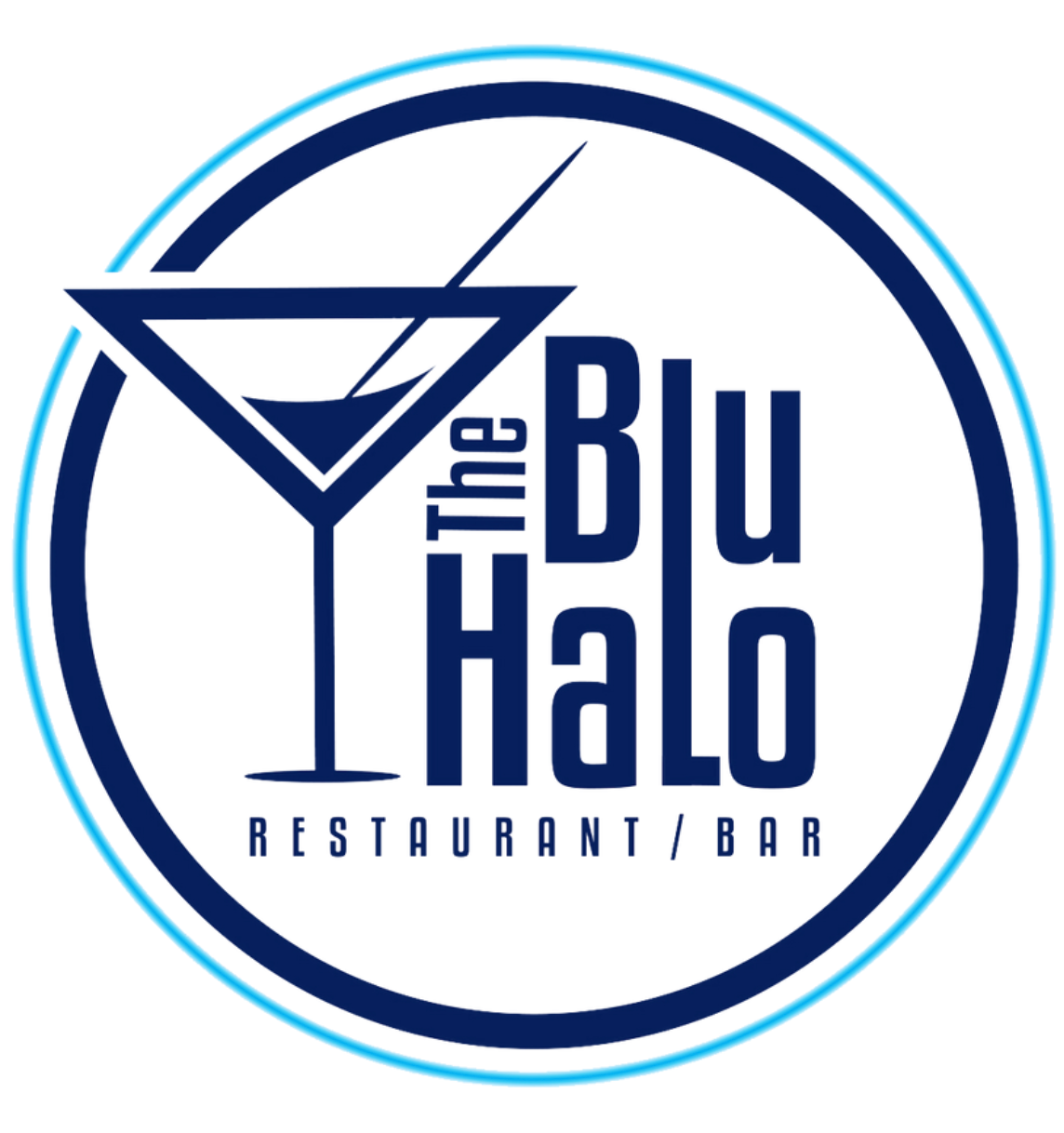 The Blu Halo restaurant/bar logo in navy and light blue with a martini glass icon