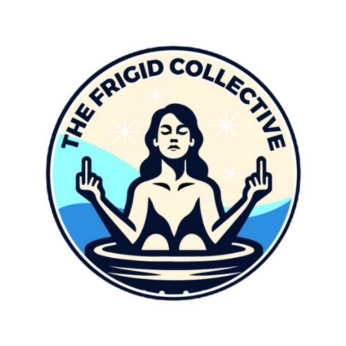 Logo of The Frigid Collective with a meditating figure and raised middle fingers over water in blue and cream