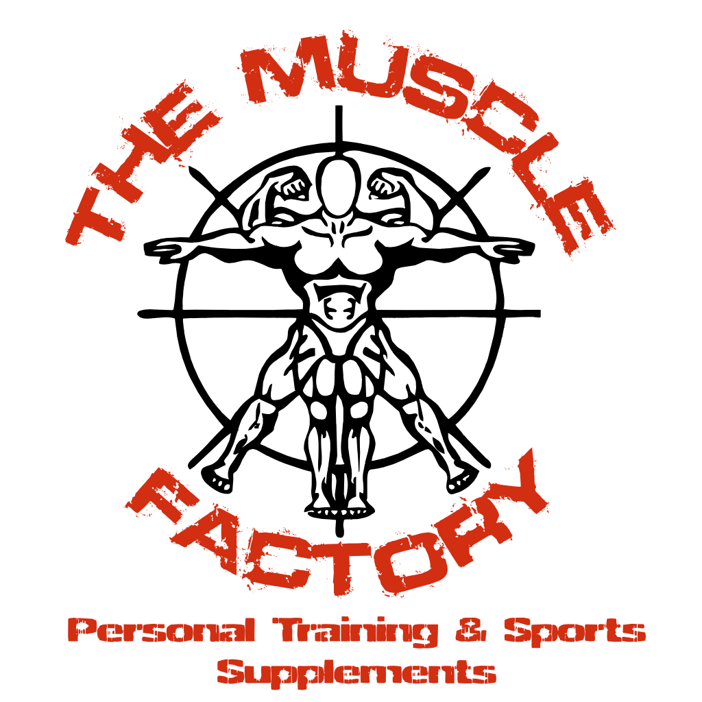 The Muscle Factory logo with a black bodybuilder silhouette and red text on a white background