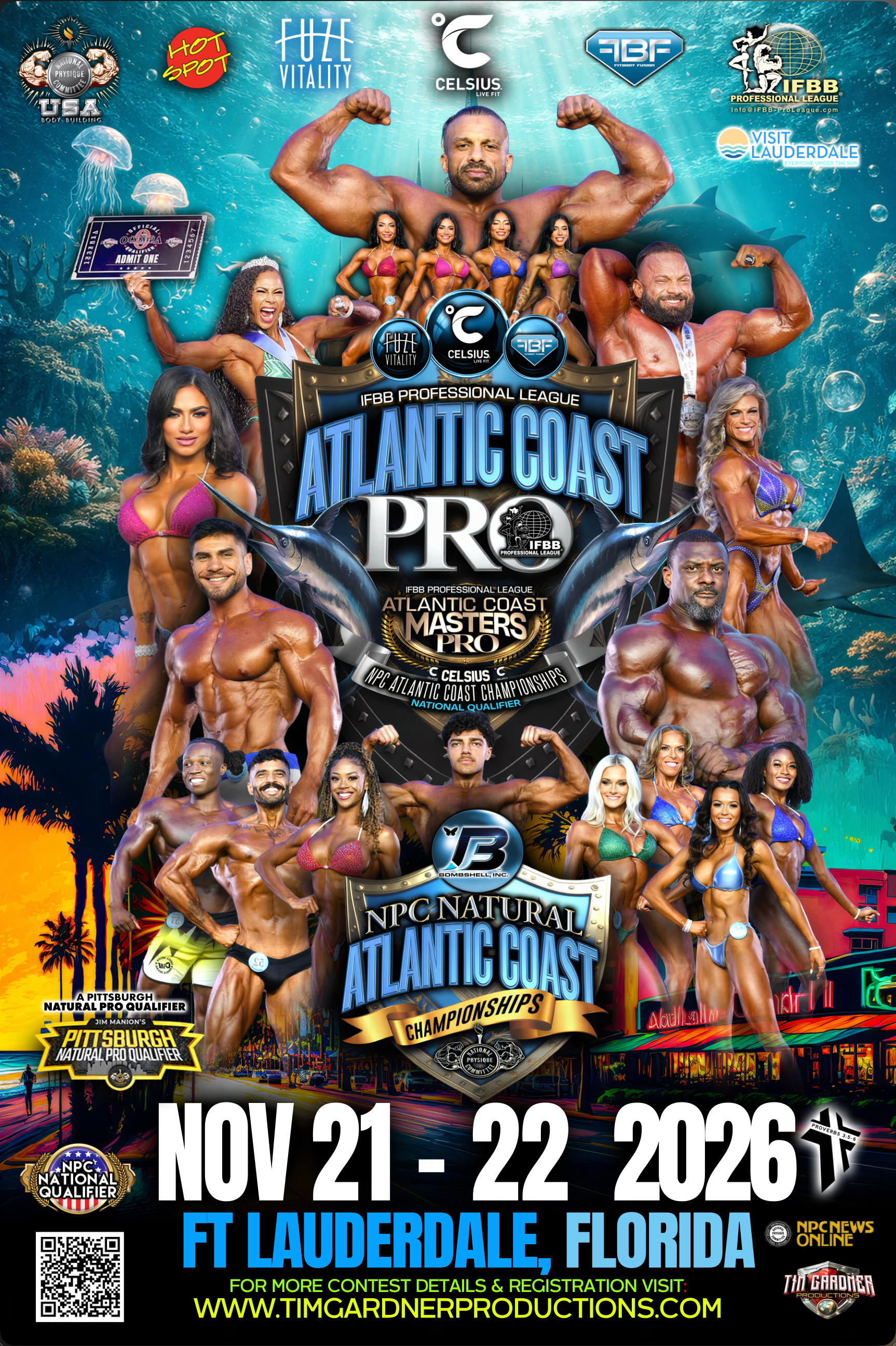 Event poster for Atlantic Coast Pro bodybuilding competition in Ft. Lauderdale, Florida on November 21-22, 2026.