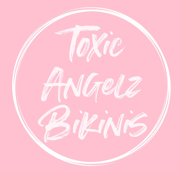 Pink logo with white circle and script text reading “Toxic Angelz Bikinis”