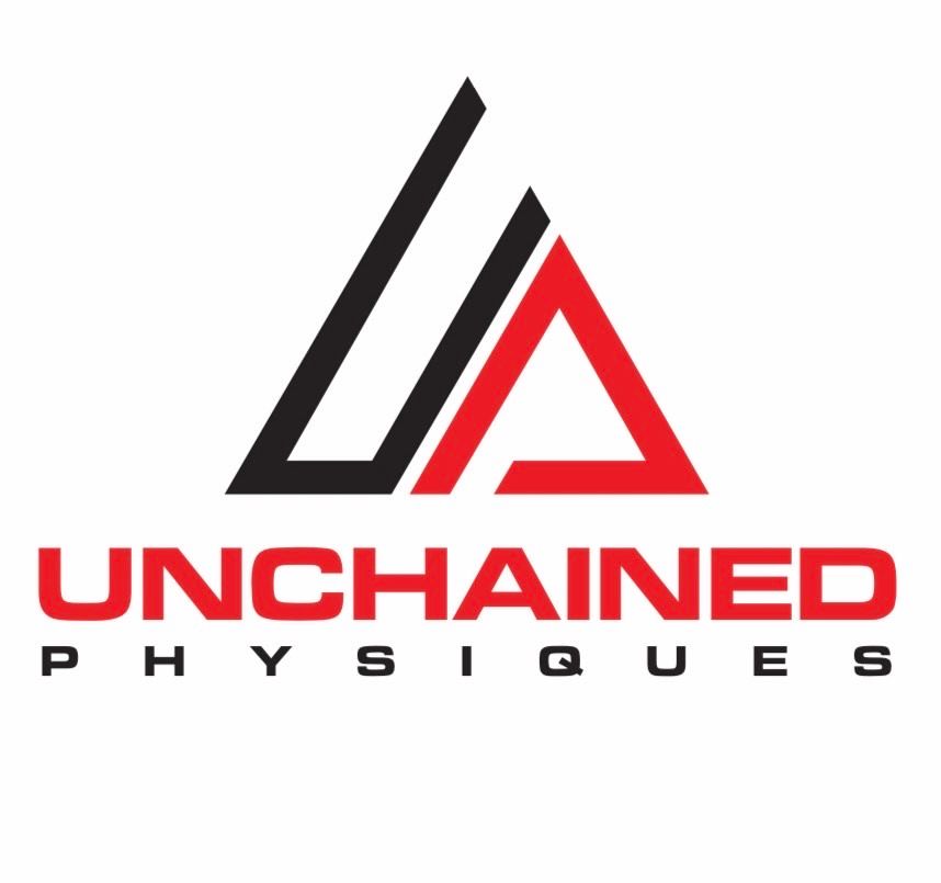 Logo for Unchained Physiques with red and black stylized triangle above the name
