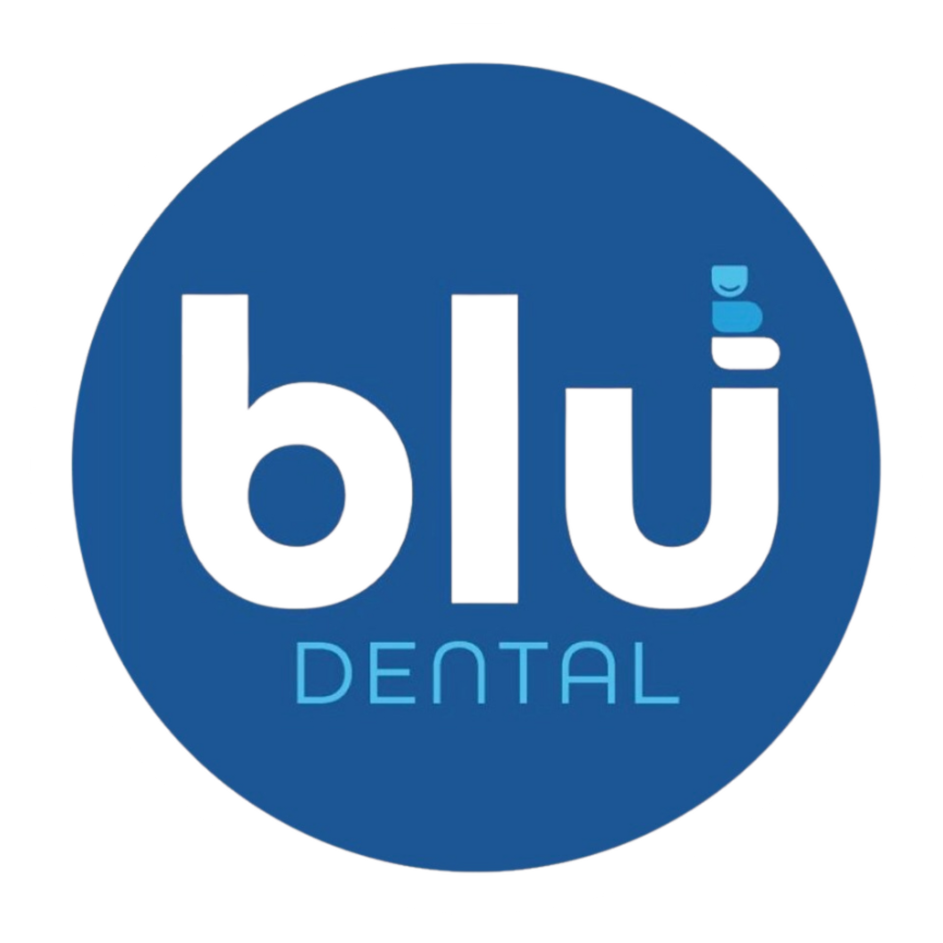 Blu Dental logo in white text on a blue circle, with a small blue tooth icon above the “i”