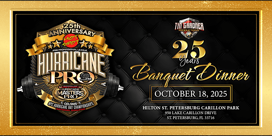 Golden and black banquet dinner flyer with a 25th anniversary emblem and October 18, 2025 date