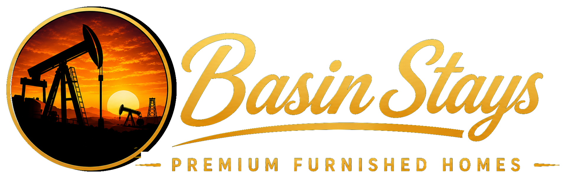Basin Stays logo with oil pump silhouette and sunset in orange, black, and gold