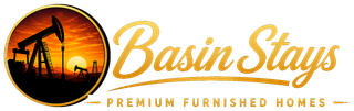 Basin Stays logo with oil pump silhouette and sunset in orange, black, and gold