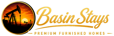 Basin Stays logo with oil pump silhouette and sunset in orange, black, and gold