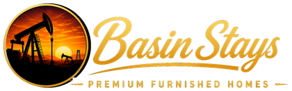 Basin Stays logo with oil pump silhouette and sunset in orange, black, and gold