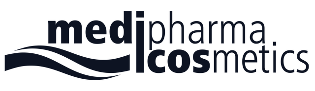 Logo für Medipharma Cosmetics. Marineblauer Text mit einem wellenförmigen Design unterhalb des Wortes „Medi“.