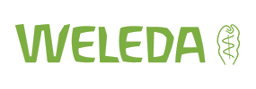 Grünes „WELEDA“-Logo mit dem Symbol einer Hand, die eine Schlange hält.