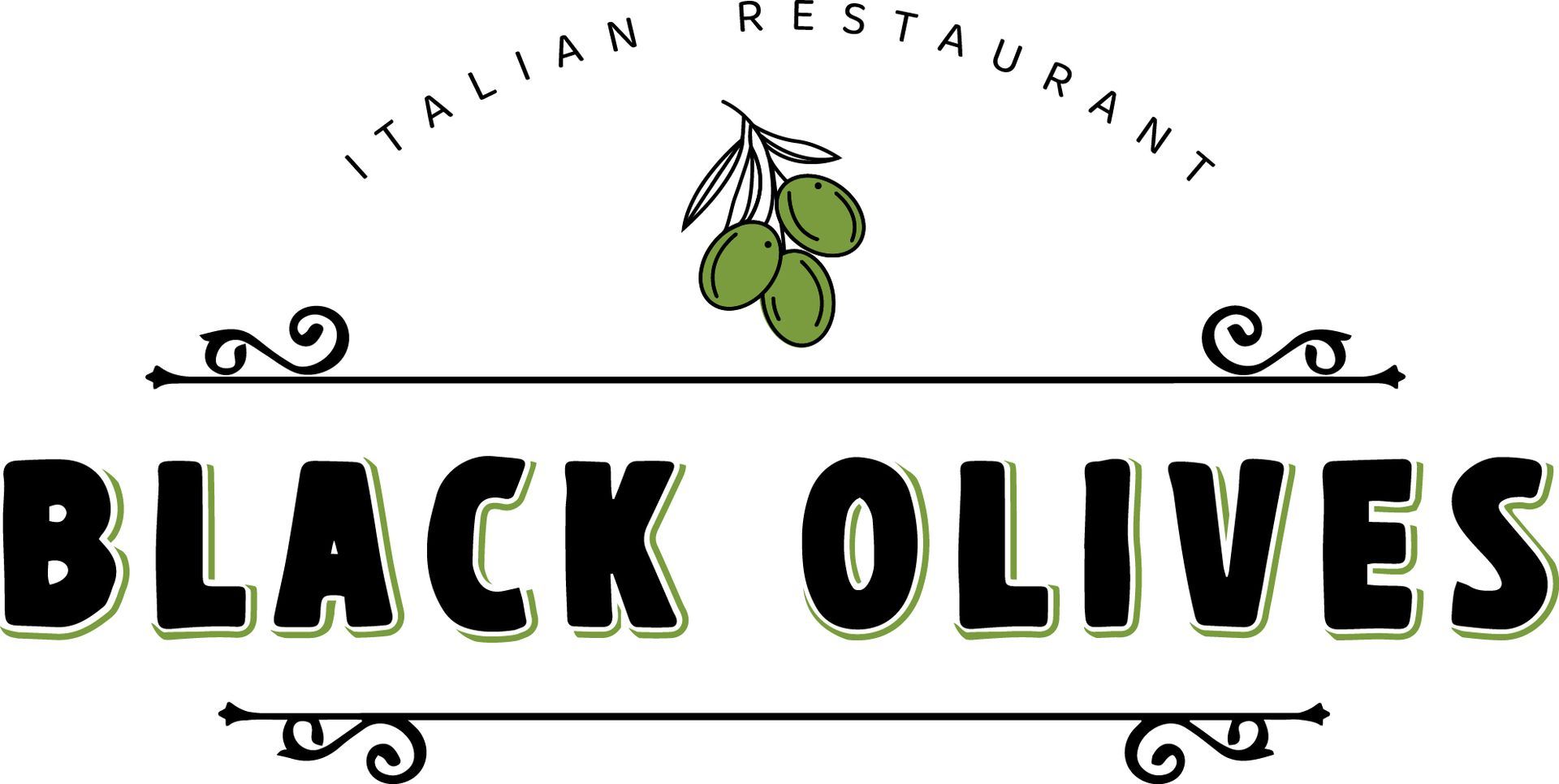 Black Olives Italian restaurant logo with green olives and black text on a white background
