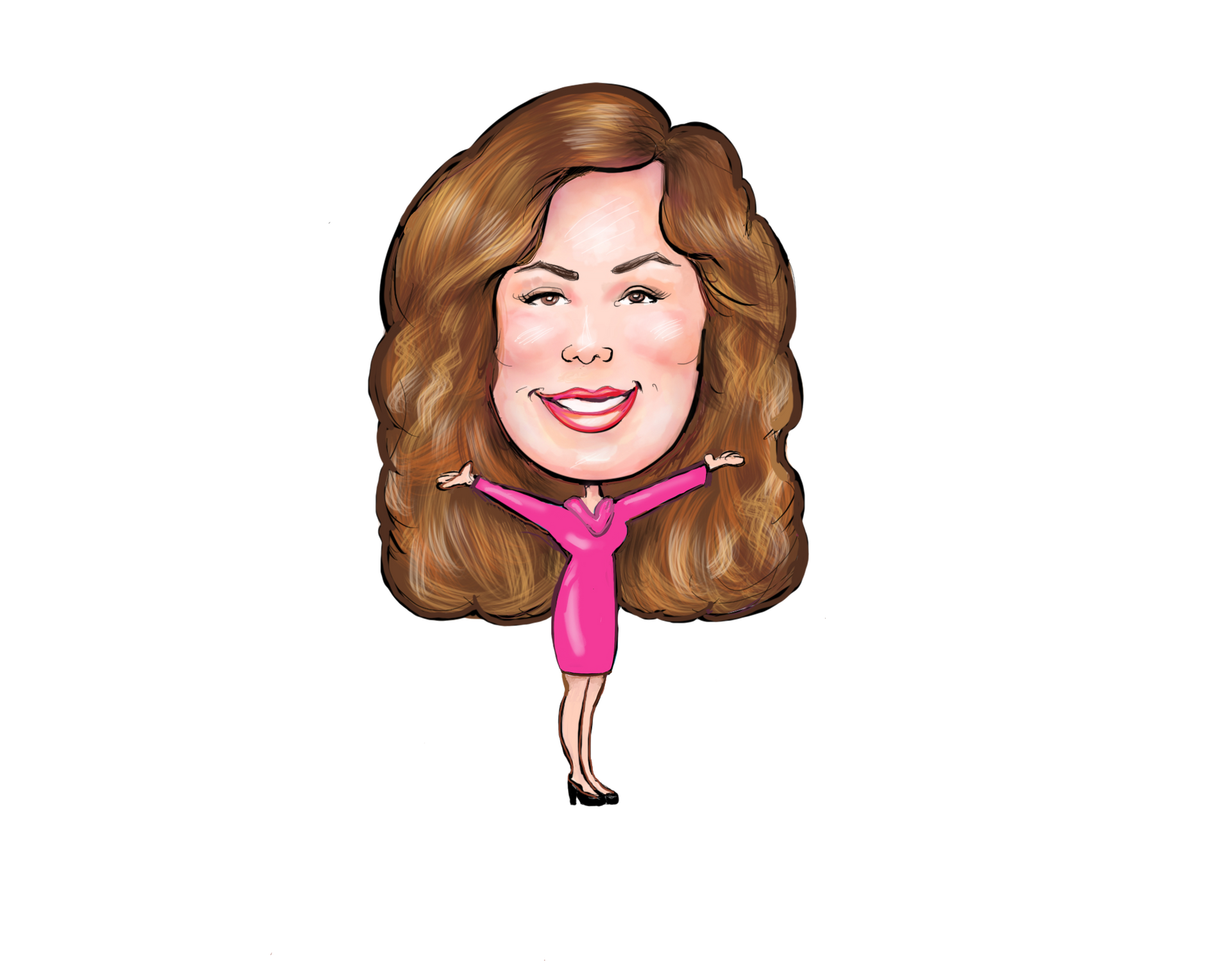 Cartoon woman in a pink dress with arms raised and large curly hair on a white background