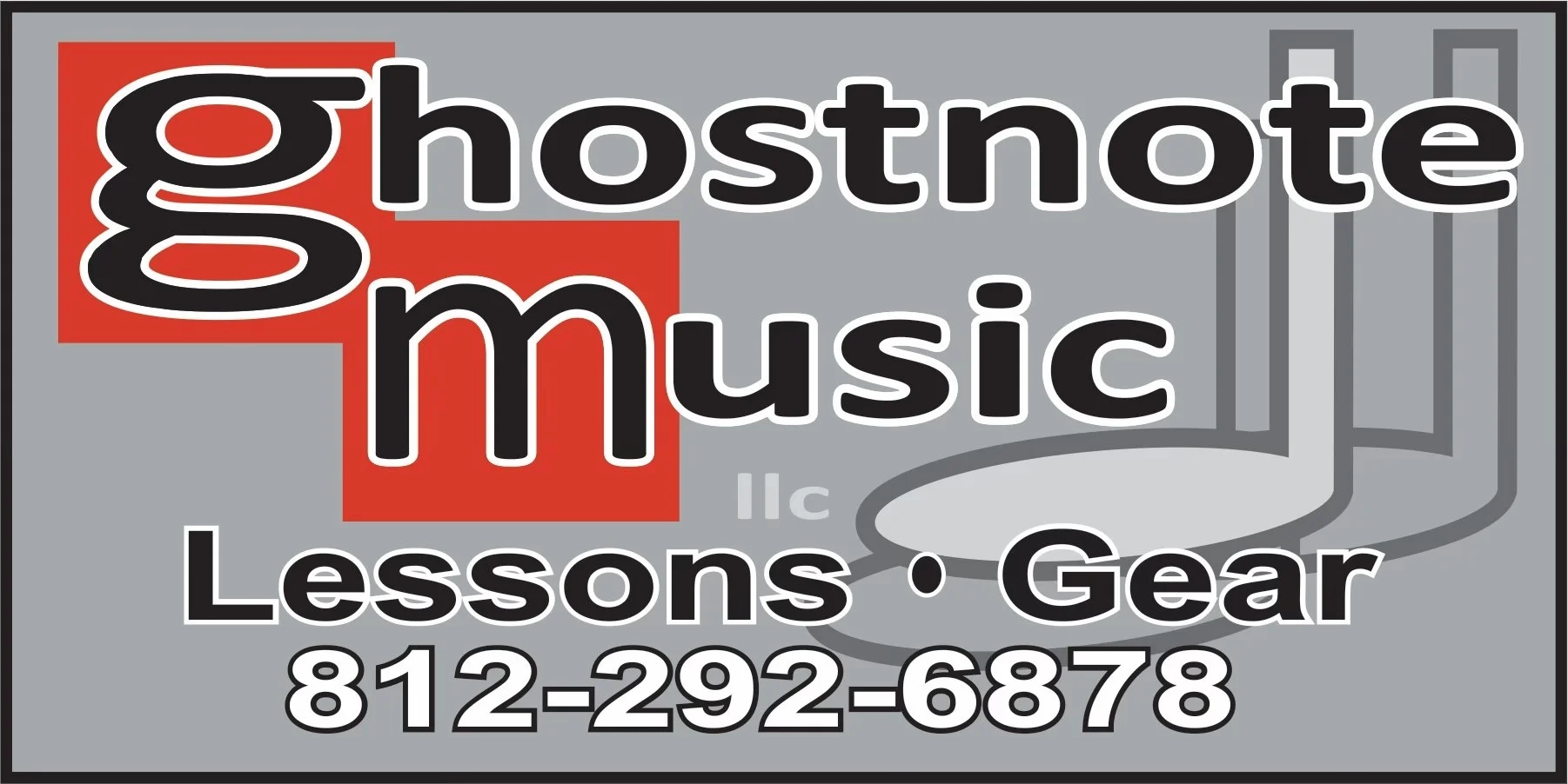 Ghostnote Music logo with gray, black, and red text, plus lessons, gear, and a phone number.