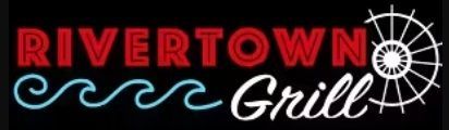A neon sign for rivertown grill with waves and a steering wheel