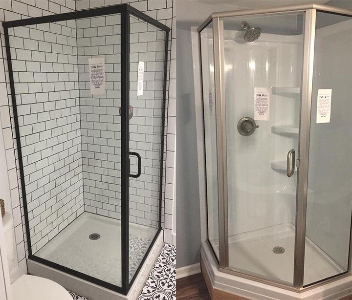 A before and after picture of a shower stall in a bathroom.